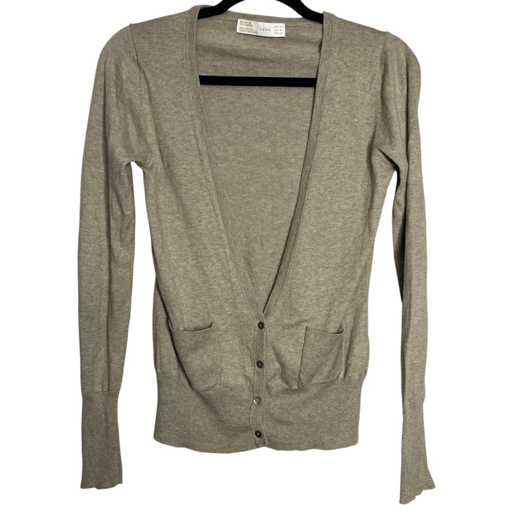 Zara Knit Cotton Cashmere Tan Button down V Neck Cardigan, size S